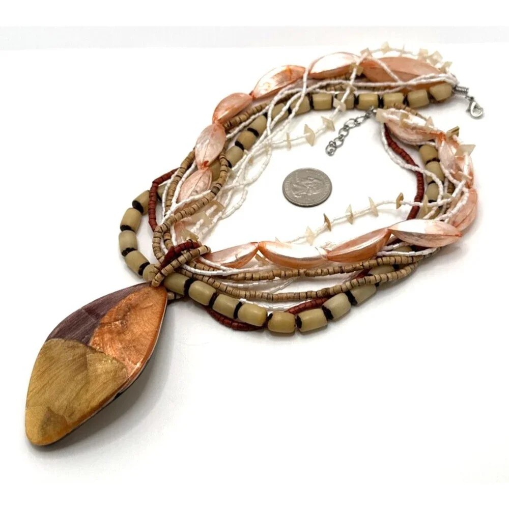 Boho Multi Strand Statement Necklace Pink Shell Beads Wood Tribal Pendant 18-20